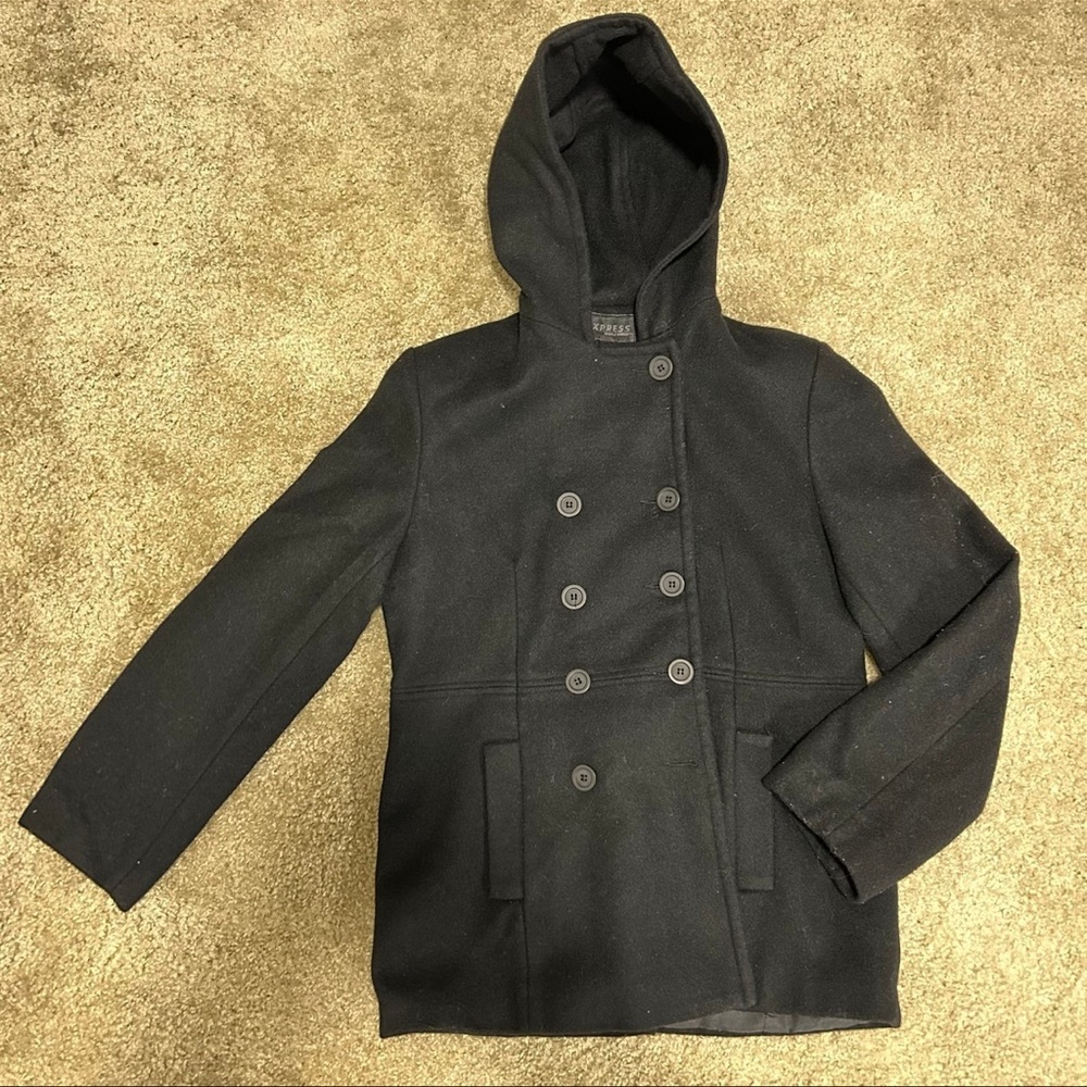 Express Men's Black Double-Breasted Hooded Peacoat